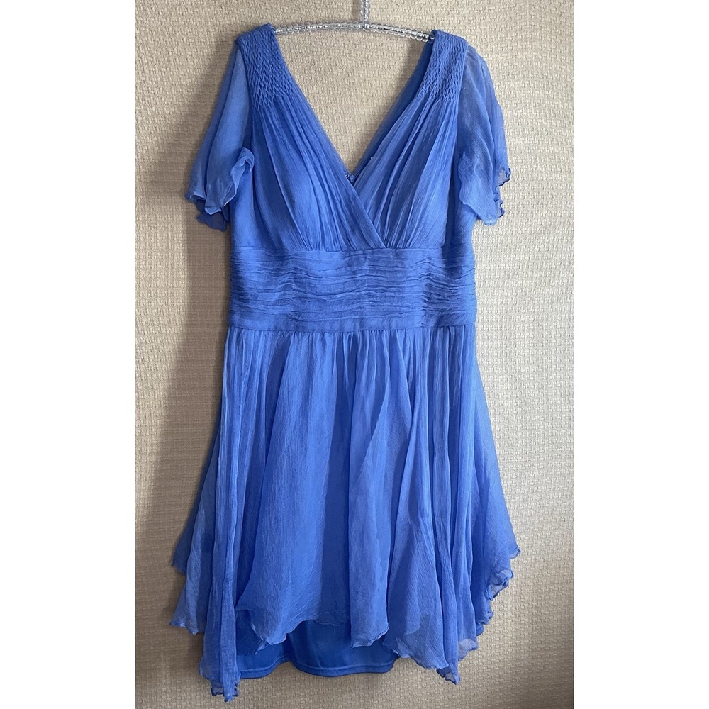 JC Collections Blue 100% Silk Chiffon Mini‎ Dress Women's Size 16 Wedding Party - Picture 2 of 15